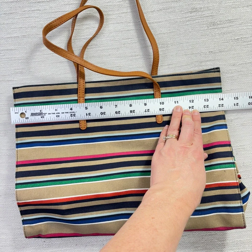 Talbots Multi Color Striped Canvas Tote Bag Leather Trim Navy Tan Pink Green
